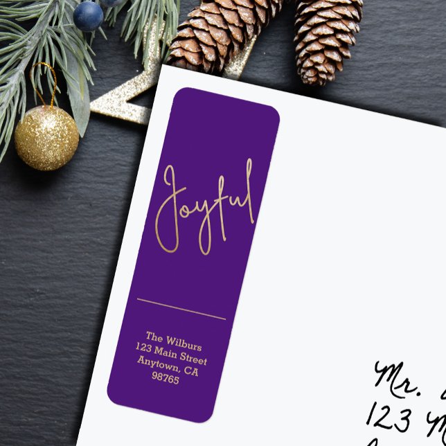 Gold JOYFUL on Purple Christmas Return Address Label (Gold script JOYFUL on purple Christmas holiday vertical skinny return address labels
)