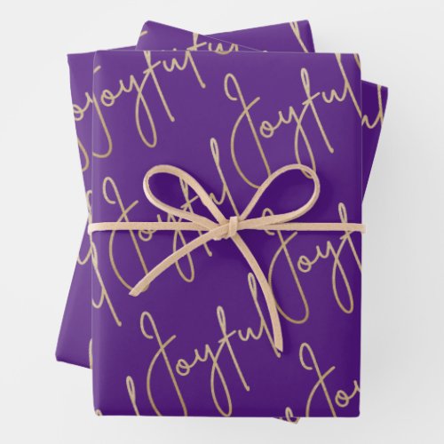 Gold JOYFUL on Purple Wrapping Paper Sheets