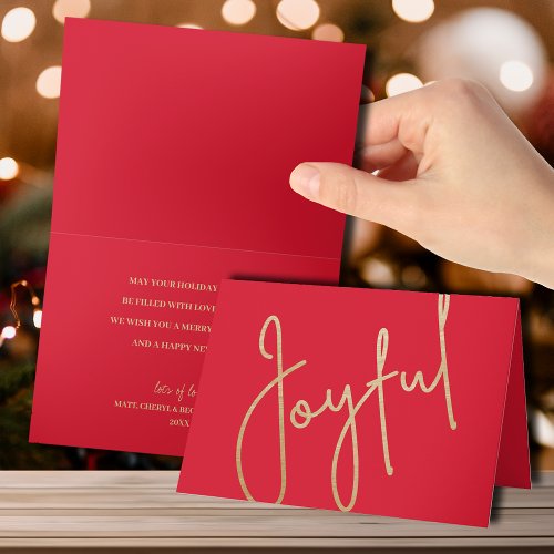 Gold Joyful on Red Folded Christmas Card
