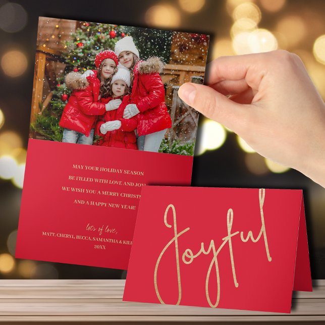 Gold Joyful on Red Folded Photo Christmas Card (Creator Uploaded)