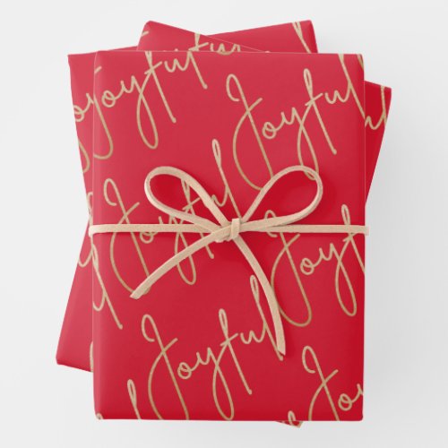 Gold JOYFUL on Red Wrapping Paper Sheets