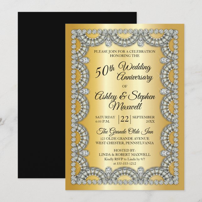 Gold Jubilee Diamond 50th Wedding Anniversary Invitation (Front/Back)