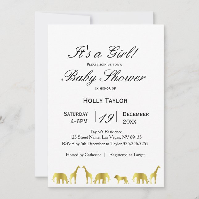 Gold Jungle Animals Baby Shower Invitation (Front)
