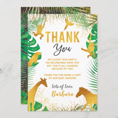 Gold Jungle Animals Baby Shower Thank You Card