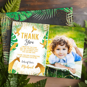Gold Jungle Animals Photo Birthday Thank You Card