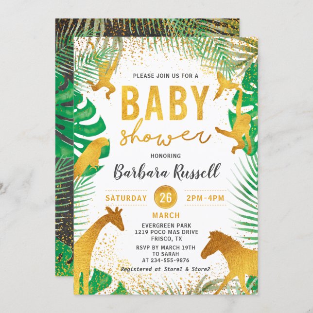 Gold Jungle Animals Safari Boy Baby Shower Invitation (Front/Back)