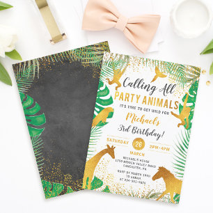 Gold Jungle Animals Safari Boys Birthday Invitation