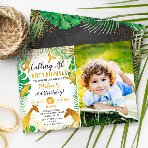 Gold Jungle Animals Safari Boys Photo Birthday Invitation