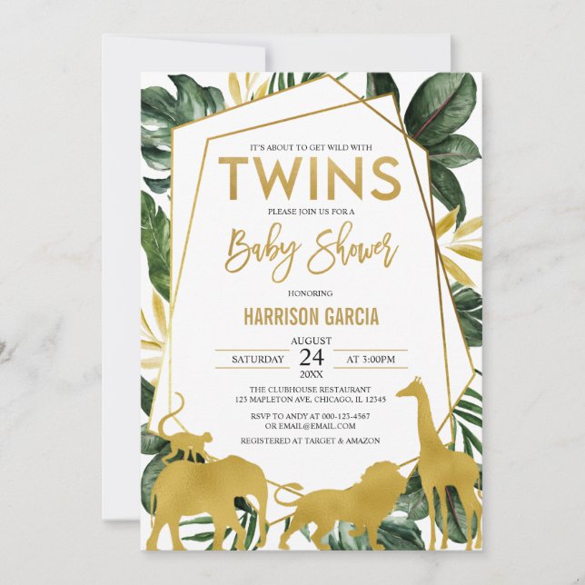 Gold Jungle Safari Animals Twins Baby Shower Invitation (Front)