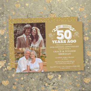 Gold Just Married 50th Wedding Anniversary 2 Photo Invitation
