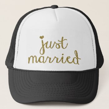 Gold Just Married Wedding Gift Trucker Hat by seasidepapercompany at Zazzle
