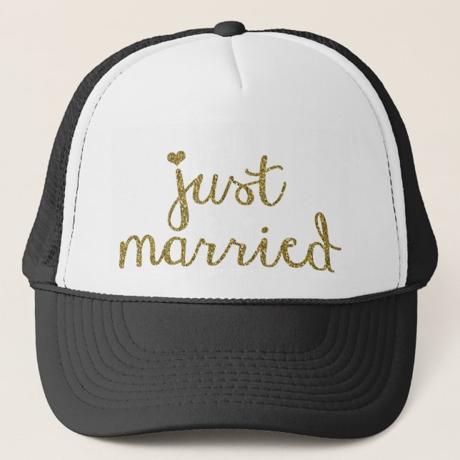 Gold Just Married Wedding gift Trucker Hat (Front)