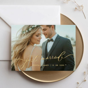 Gold Just Married Wedding Photo Announcement Card