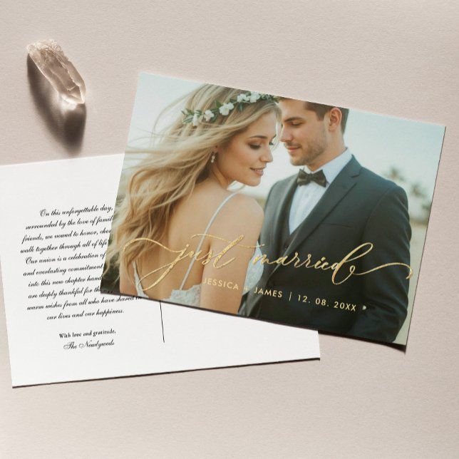Gold Just Married Wedding Photo Announcement Postcard (Creator Uploaded)
