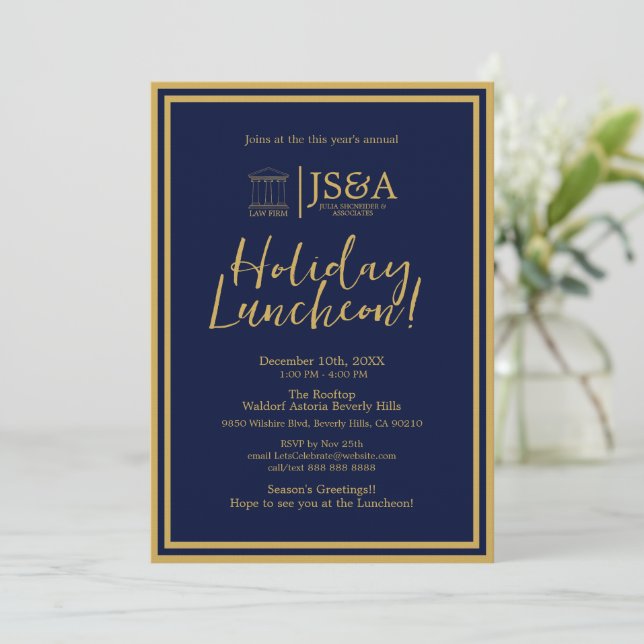 Gold Justice Columns Law Firm Holiday Luncheon Invitation (Standing Front)