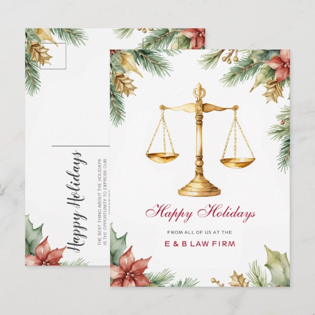 Gold Justice Scale Holly Pine Lawyer Christmas Holiday Postcard (Front/Back)