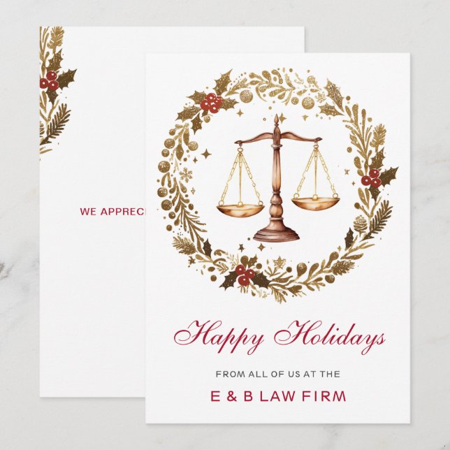 Gold Justice Scale Holly Wreath Law Firm Christmas Holiday Card (Front/Back)