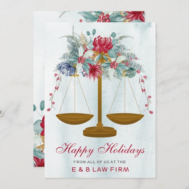 Gold Justice Scale Holly Wreath Law Firm Christmas Holiday Card (Front/Back)