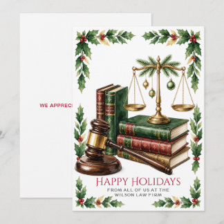 Gold Justice Scale Holly Wreath Law Firm Christmas Holiday Card