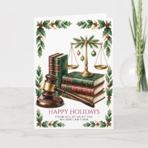 Gold Justice Scale Holly Wreath Lawyer Christmas Holiday Card