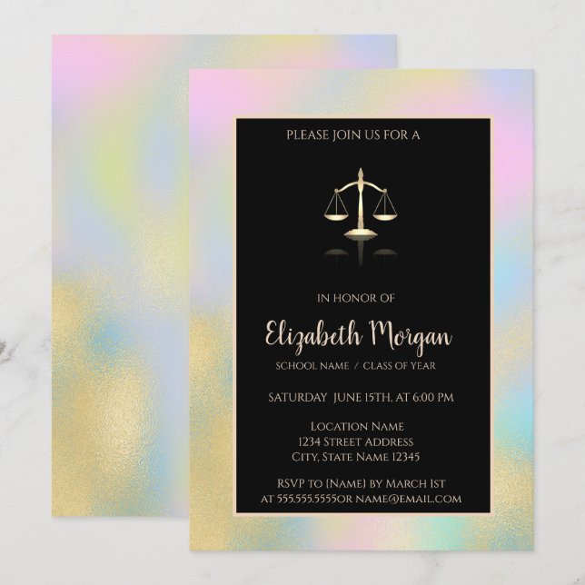 Gold Justice Scale Holographic Graduation Party Invitation (Front/Back)