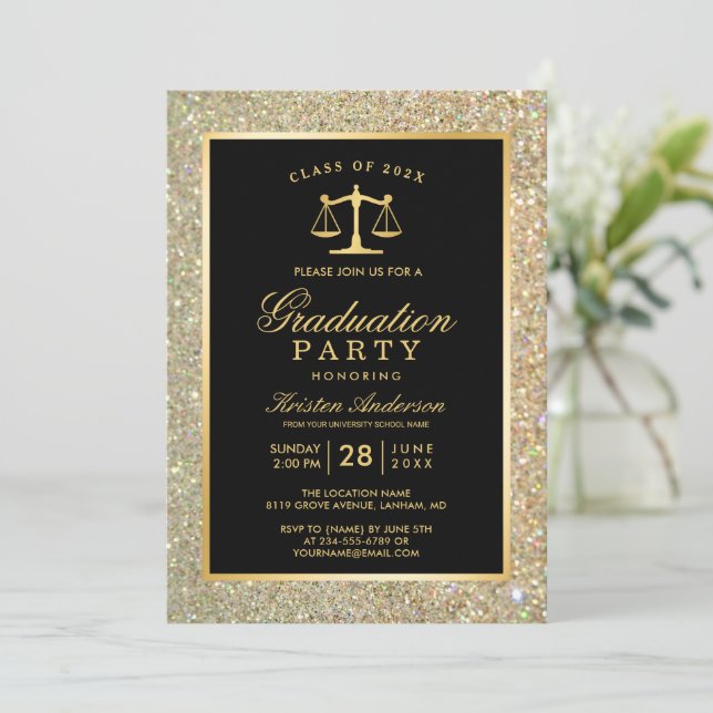 Gold Justice Scale Law School Graduation Party Invitation (Standing Front)