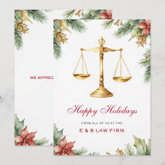 Gold Justice Scale Pine Holly Law Firm Christmas Holiday Card