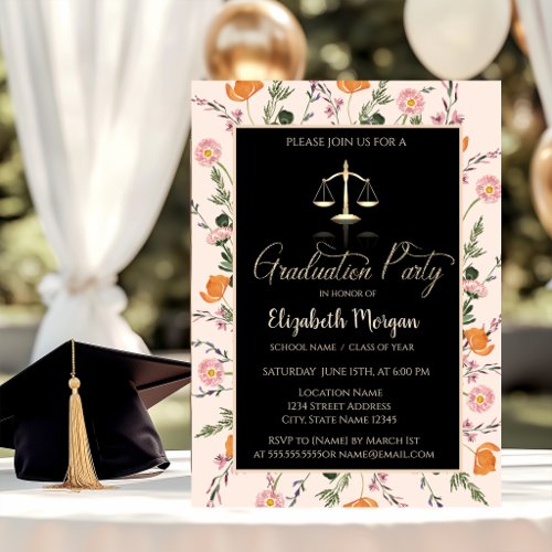 Gold Justice Scale Wildflowers Photo Graduation Invitation