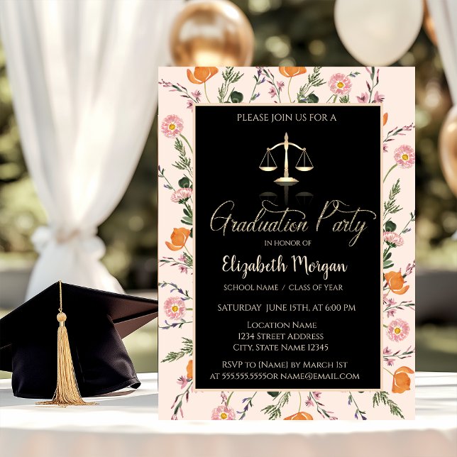 Gold Justice Scale Wildflowers Photo Graduation Invitation (Creator Uploaded)