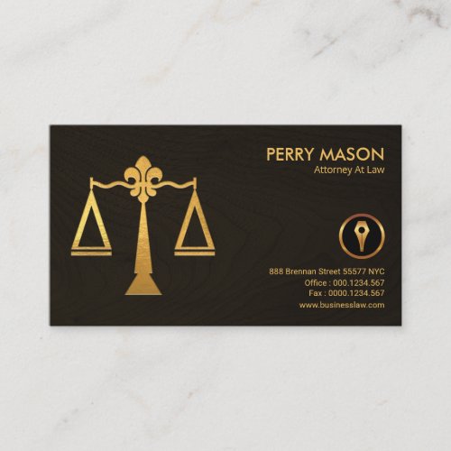 Gold Justice Scales Elegant Fine Wood Grain Law Business Card