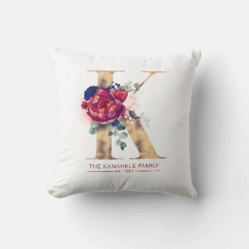 Gold K Monogram Floral Burgundy Red and Navy Blue Throw Pillow
