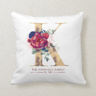 Gold K Monogram Floral Burgundy Red and Navy Blue Throw Pillow