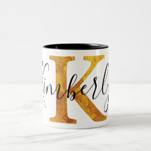 Gold 'K' Monogram w/ Personalized Name Two-Tone Coffee Mug