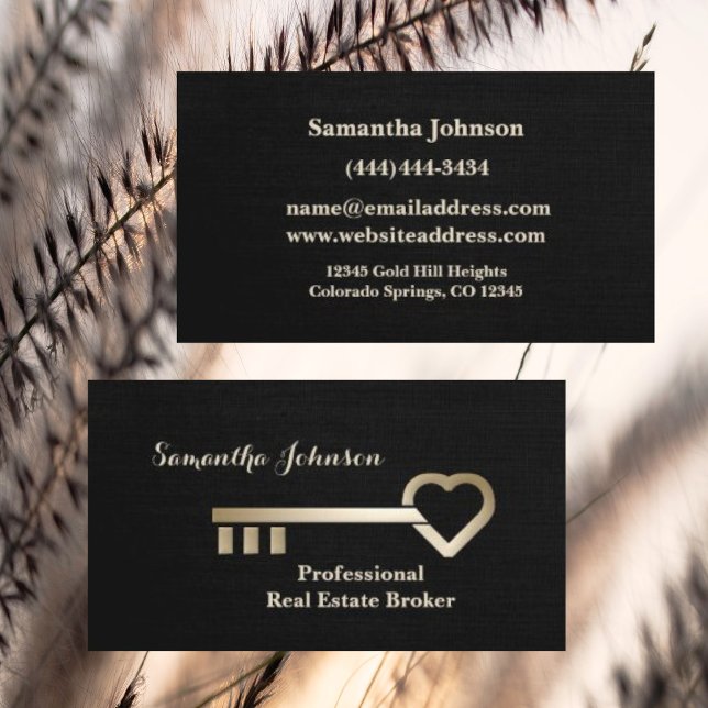 Gold Key Black Linen Real Estate Business Card (Creator Uploaded)
