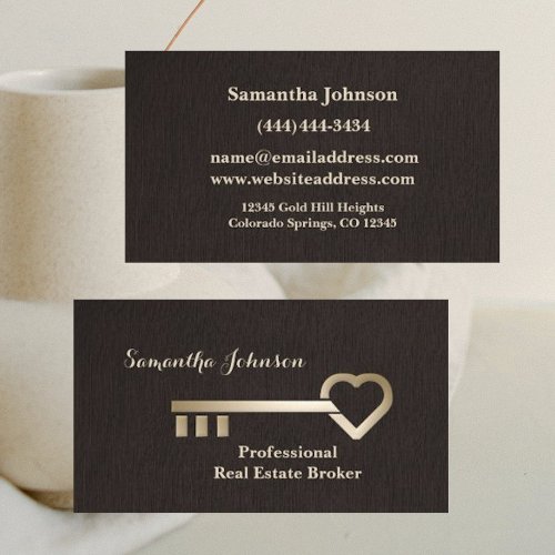 Gold Key Brown Linen Real Estate Business Card