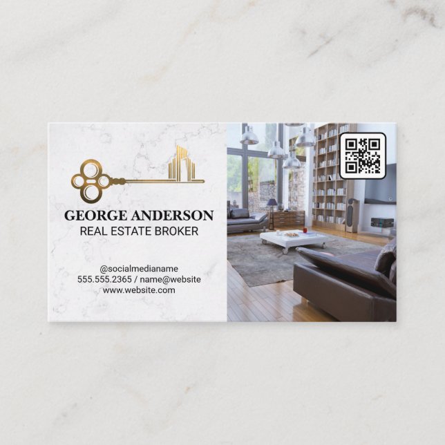 Gold Key House Logo | Living Room | QR Code  Business Card (Front)