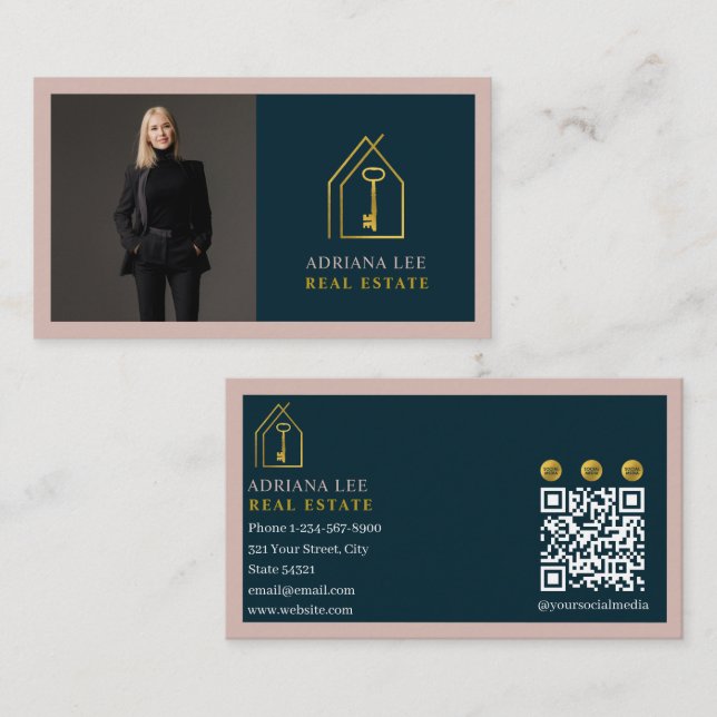 Gold Key Photo Real Estate Agent QR Code Pink Business Card (Front/Back)