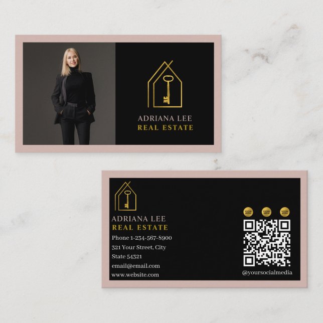 Gold Key Photo Real Estate Agent QR Code Pink Business Card (Front/Back)