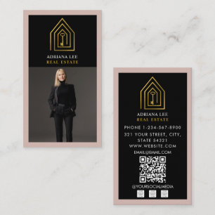 Gold Key Photo Real Estate Agent QR Code Pink Business Card