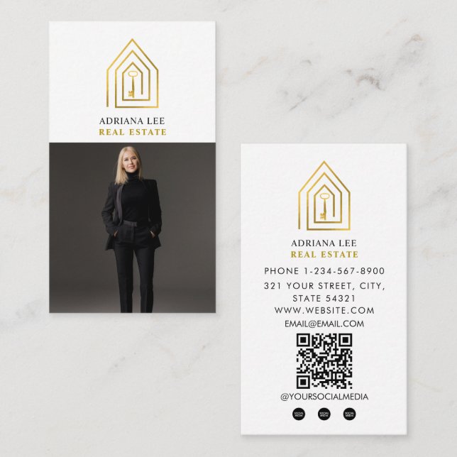 Gold Key Photo Real Estate Agent QR Code White Business Card (Front/Back)