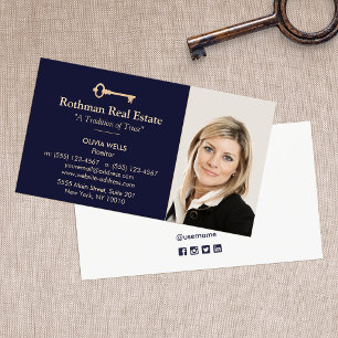 Gold Key Real Estate Agent  Add Photo Navy Business Card
