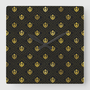 Gold Khanda symbol pattern Square Wall Clock