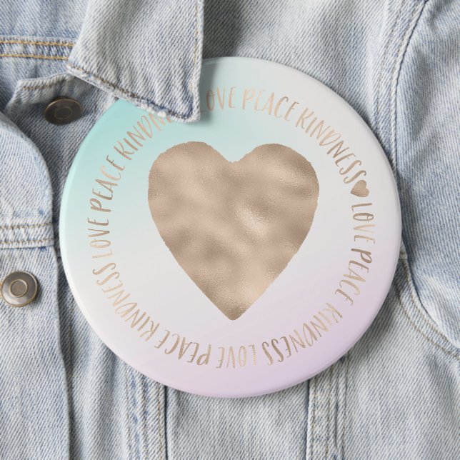 Gold Kindness Love Peace Heart Aqua Pink Tie Dye Button (In Situ)