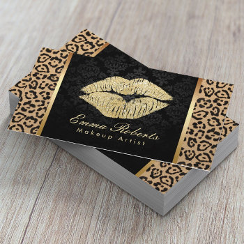 Gold Kiss Leopard Print Damask Makeup Artist Business Card by cardfactory at Zazzle