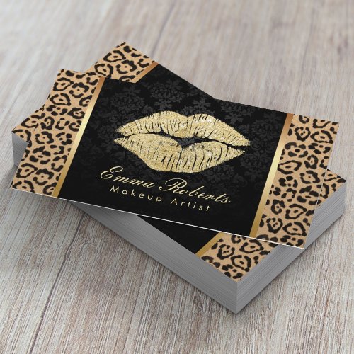 Gold Kiss Leopard Print Damask Makeup Artist Business Card