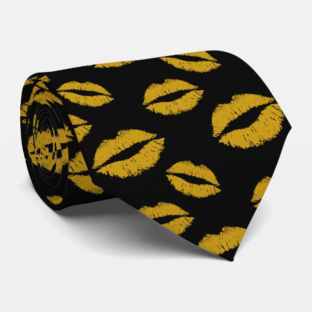 Gold Kisses Lips Pattern Modern Black Tie (Rolled)