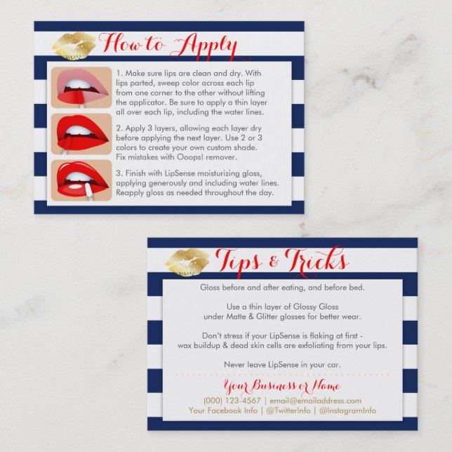 Gold Kisses on Blue and White - Apply & Tips Card (Front/Back)