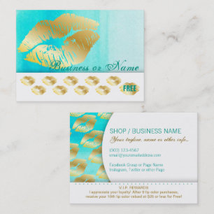 Gold Kisses on Teal Watercolor - Loyalty Rewards Card