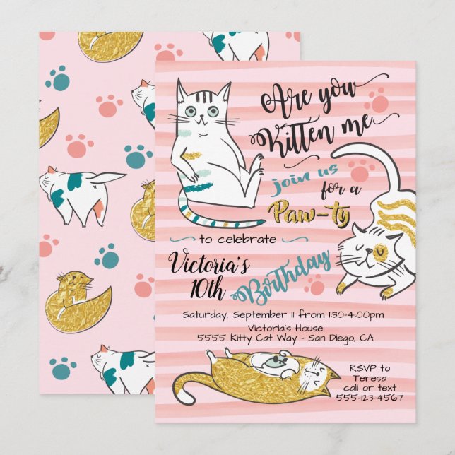 Gold Kitty Cat Birthday Party Invitation (Front/Back)