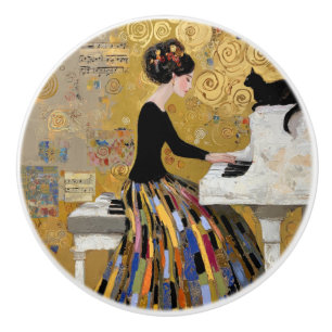 Gold Klimt Piano Lady with Black Cat Ceramic Knob